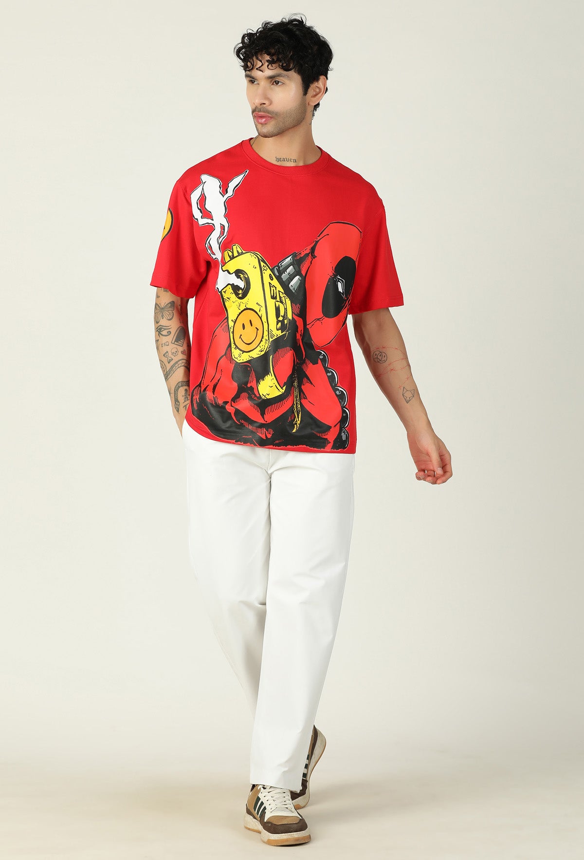 Deadpool Pure Cotton Printed Drop-Shoulder Sleeves Oversized T-shirt Red