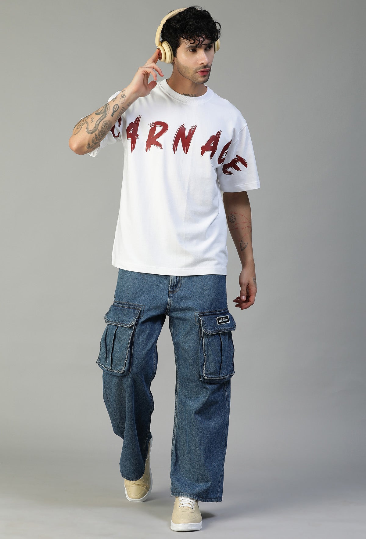 Carnage Premium Pure Cotton Drop-Shoulder Sleeves Oversized T-shirt White