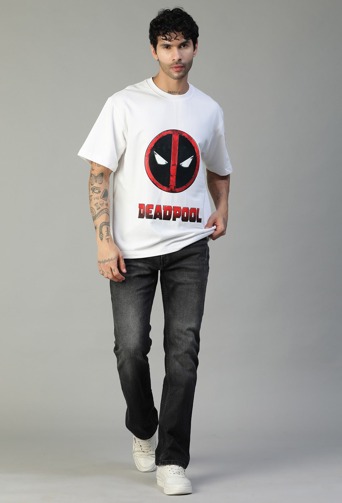 Deadpool Ultrasoft Pure Cotton Drop-Shoulder Sleeves Oversized White T-shirt