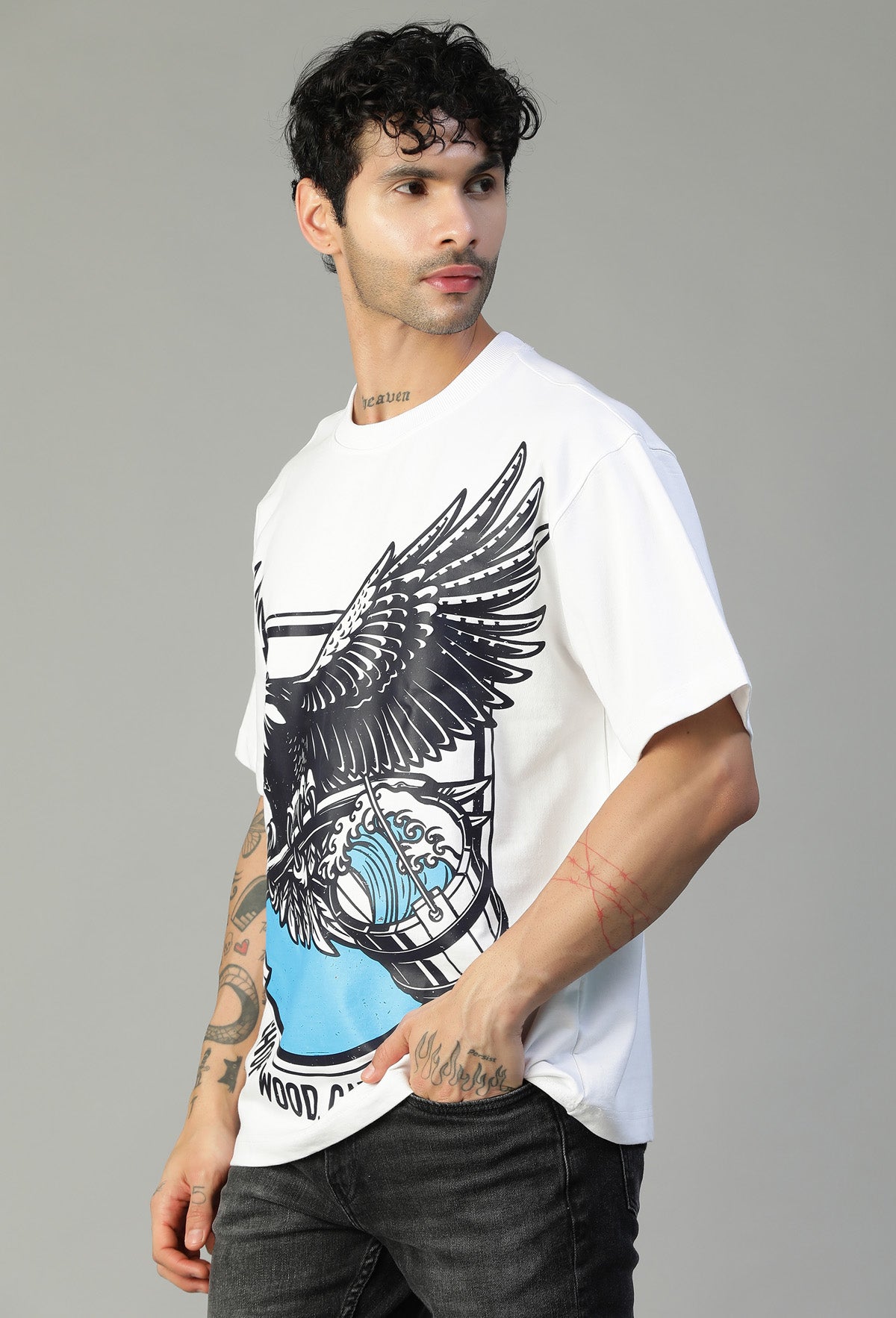 Premium Graphic Printed Pure Cotton Drop-Shoulder Sleeves Oversized white T-shirt