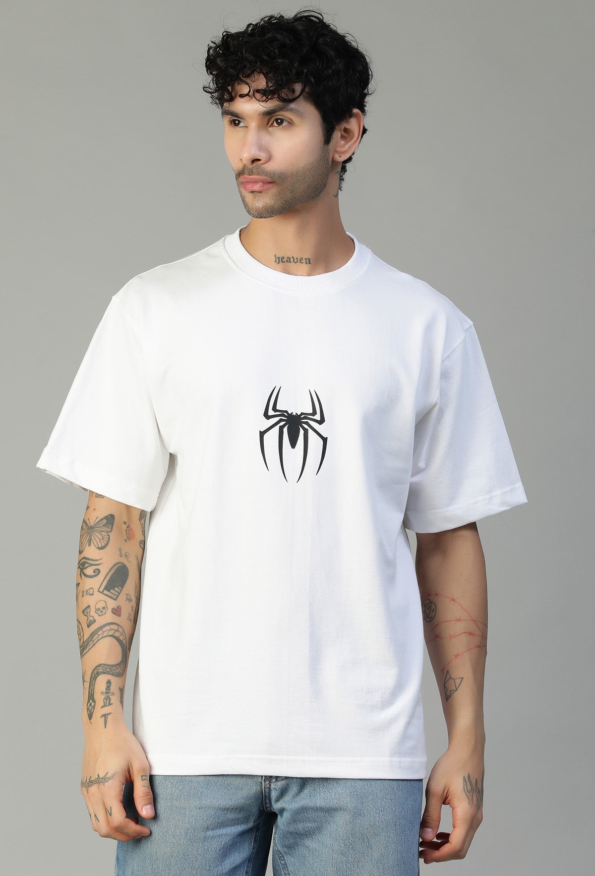 Spider Symbol Printed Pure Cotton Drop-Shoulder Sleeves Oversized White T-shirt