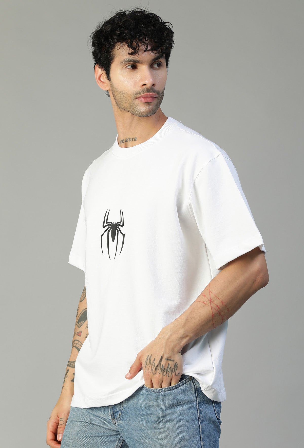Spider Symbol Printed Pure Cotton Drop-Shoulder Sleeves Oversized White T-shirt