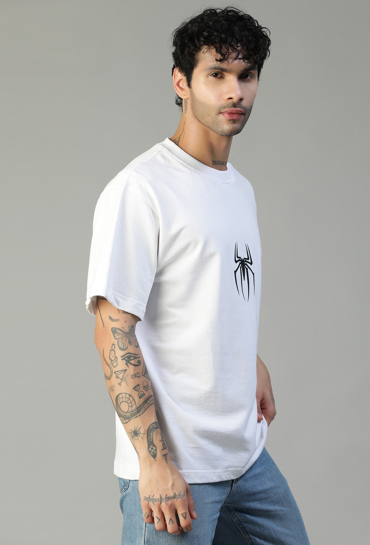 Spider Symbol Printed Pure Cotton Drop-Shoulder Sleeves Oversized White T-shirt