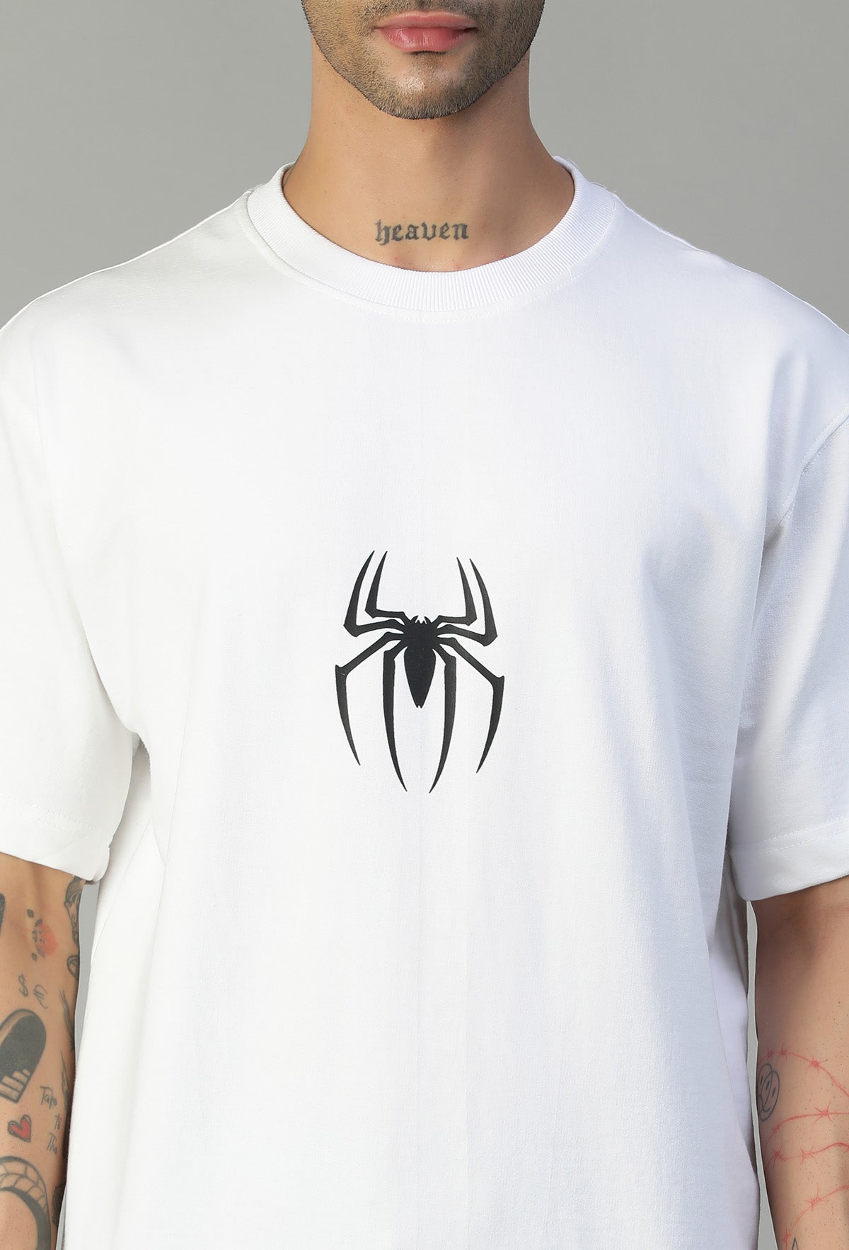 Spider Symbol Printed Pure Cotton Drop-Shoulder Sleeves Oversized White T-shirt