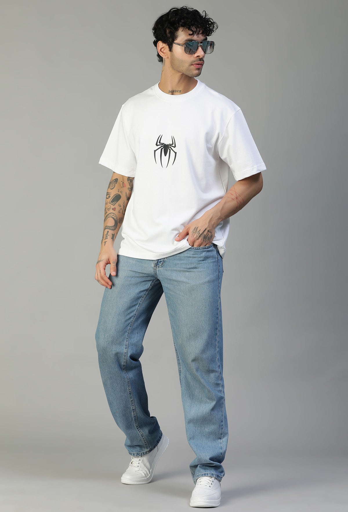 Spider Symbol Printed Pure Cotton Drop-Shoulder Sleeves Oversized White T-shirt