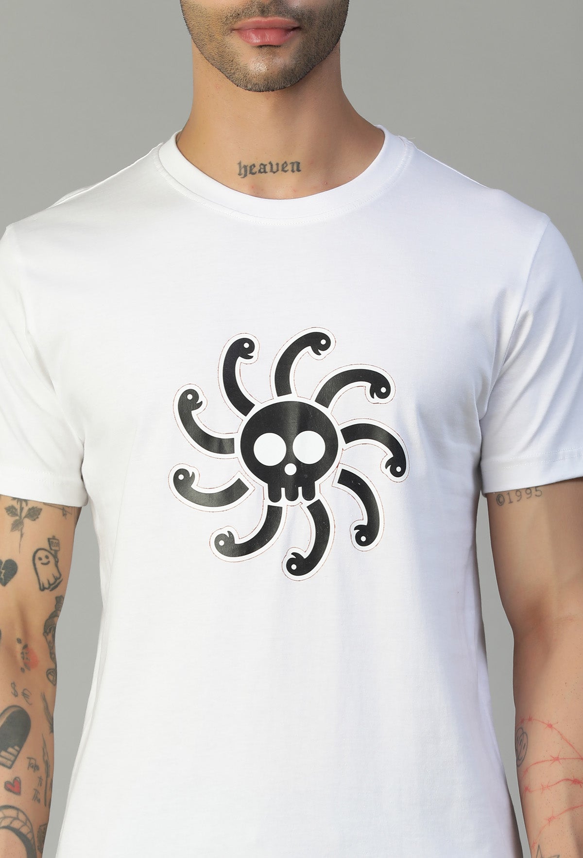 One Piece Anime Design Pirate Symbol Regular Fit White Printed T-Shirt