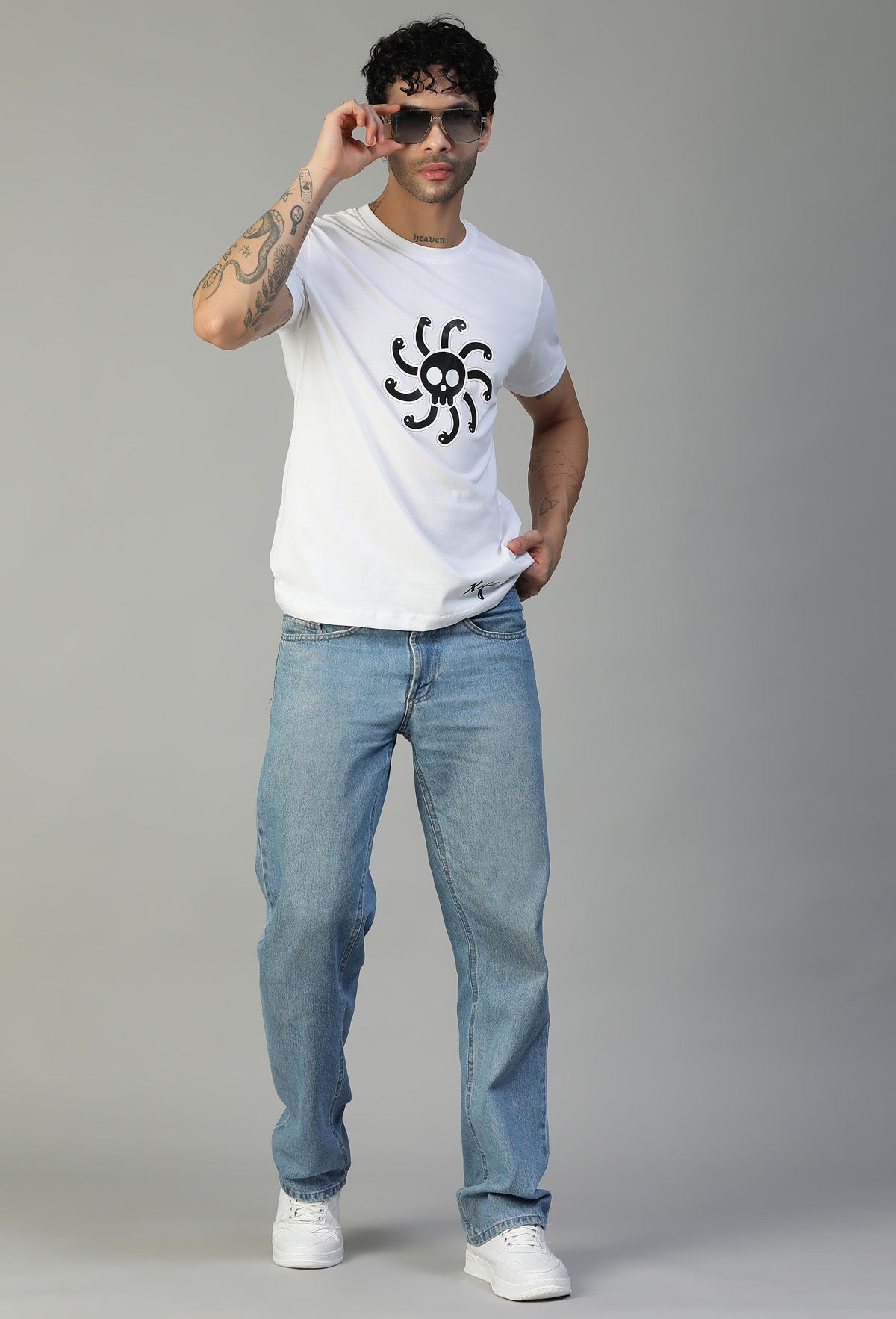 One Piece Anime Design Pirate Symbol Regular Fit White Printed T-Shirt