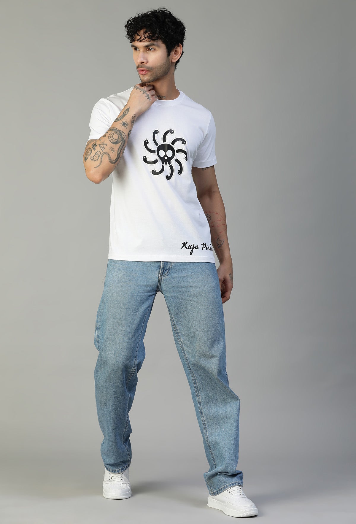 One Piece Anime Design Pirate Symbol Regular Fit White Printed T-Shirt