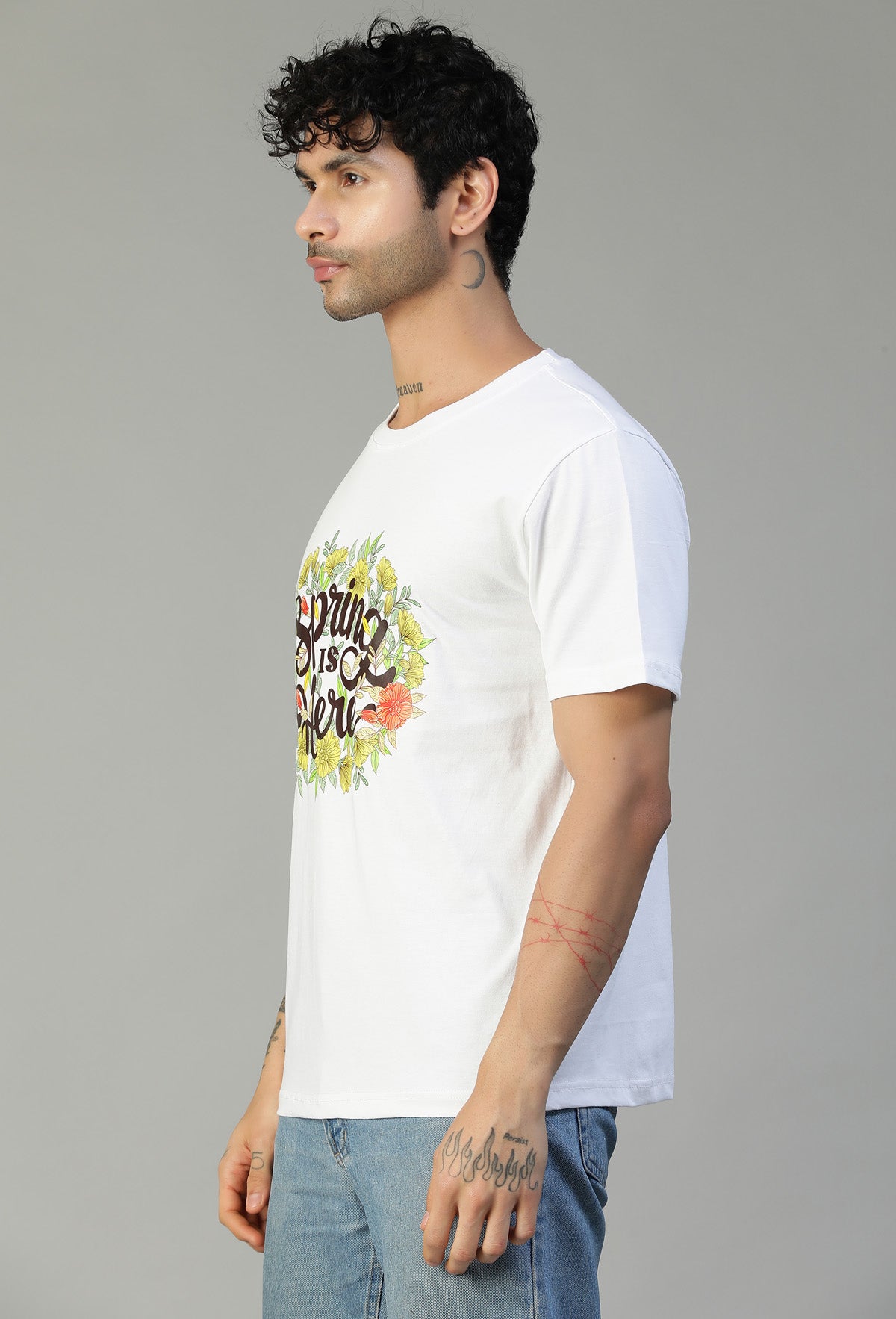 Regular Fit Spring Floral Design Printed T-Shirt White