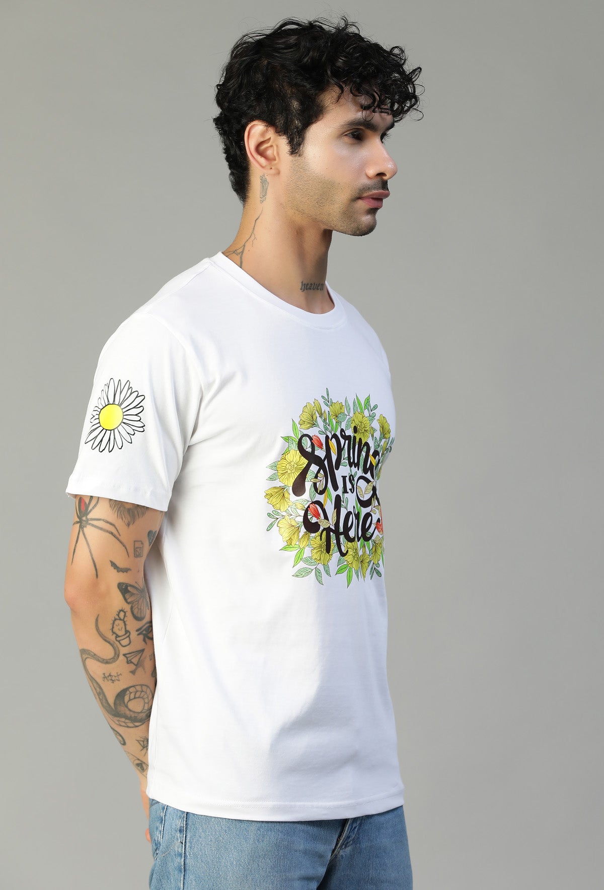 Regular Fit Spring Floral Design Printed T-Shirt White