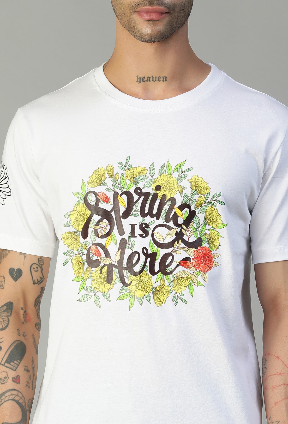Regular Fit Spring Floral Design Printed T-Shirt White