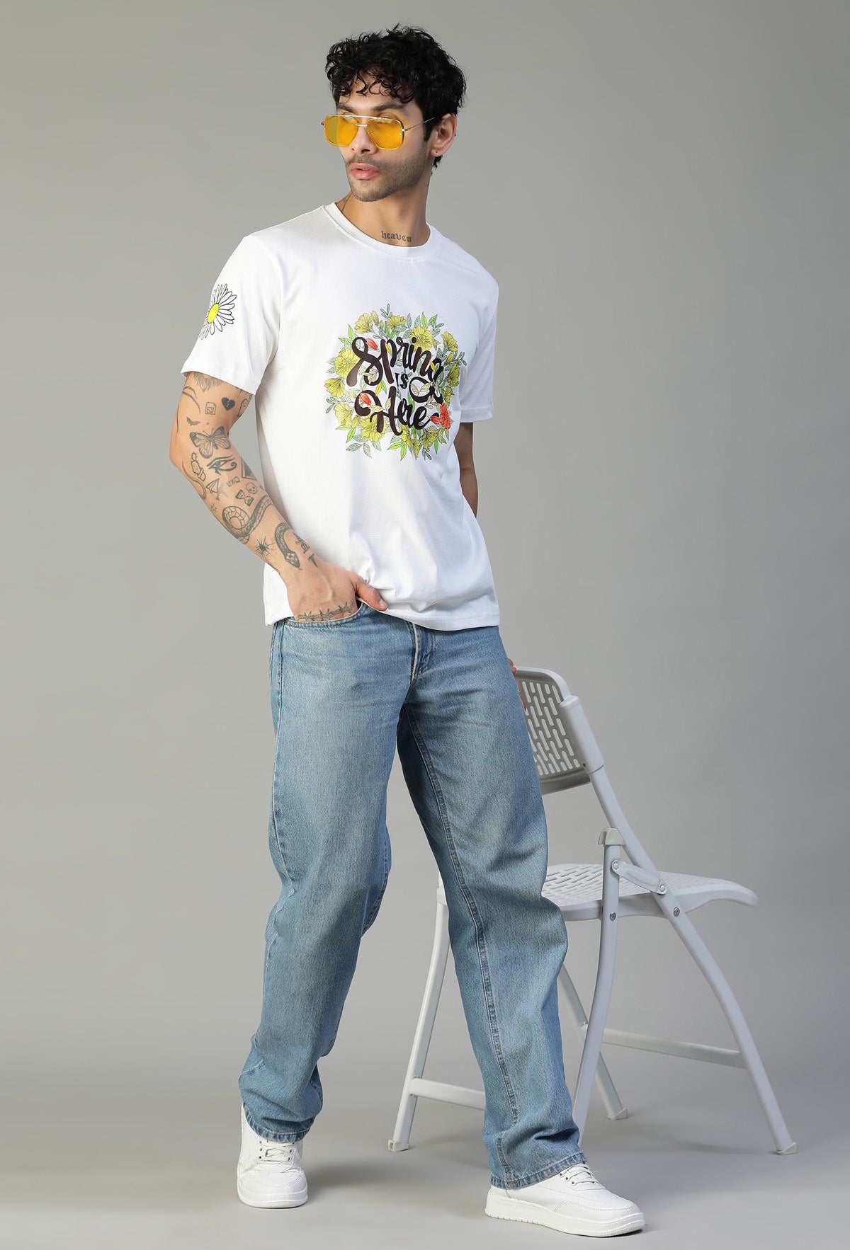 Regular Fit Spring Floral Design Printed T-Shirt White