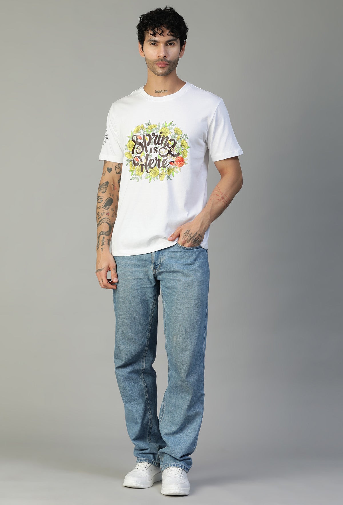 Regular Fit Spring Floral Design Printed T-Shirt White