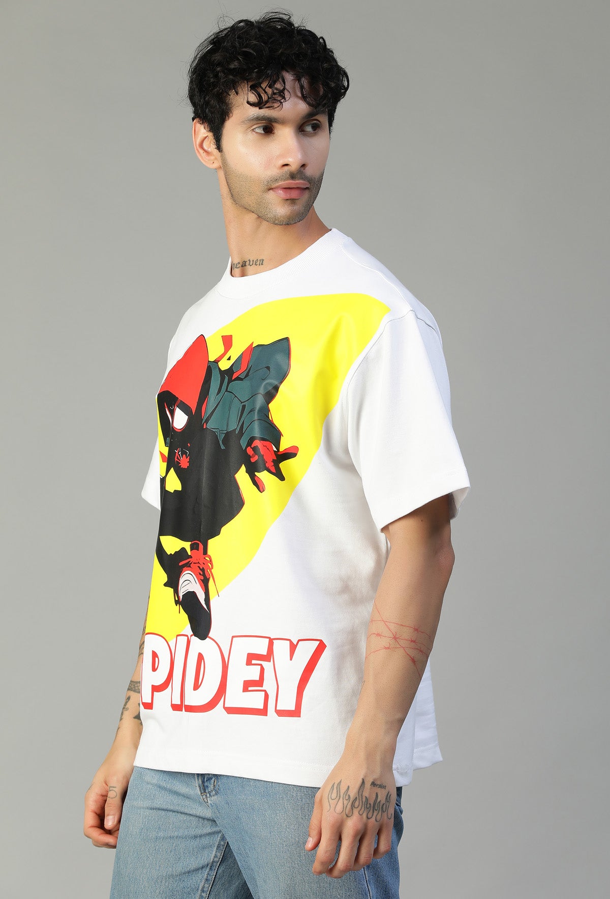 Premium Spiderman Graphic Printed Pure Cotton Drop-Shoulder Sleeves Oversized T-shirt White