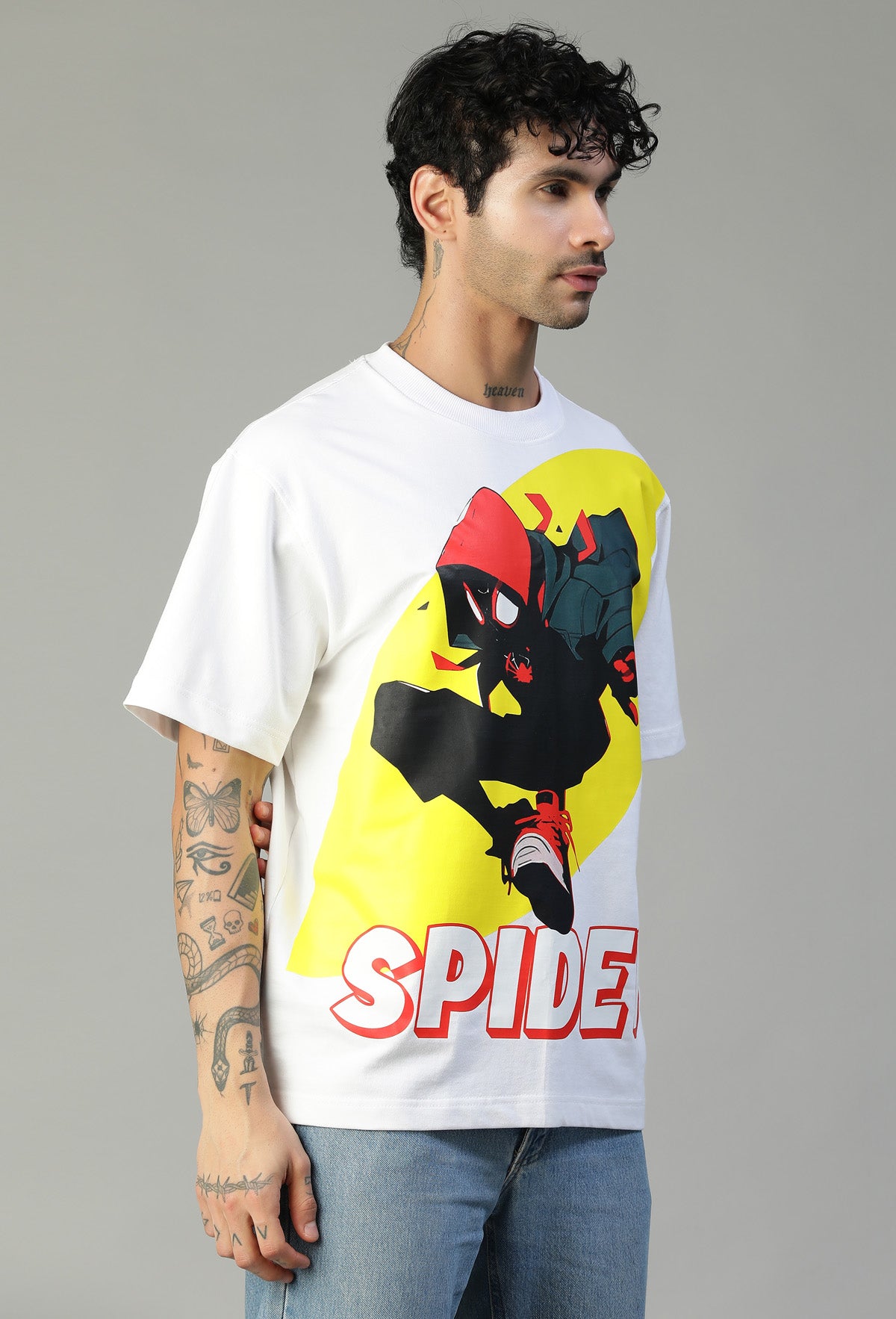 Premium Spiderman Graphic Printed Pure Cotton Drop-Shoulder Sleeves Oversized T-shirt White