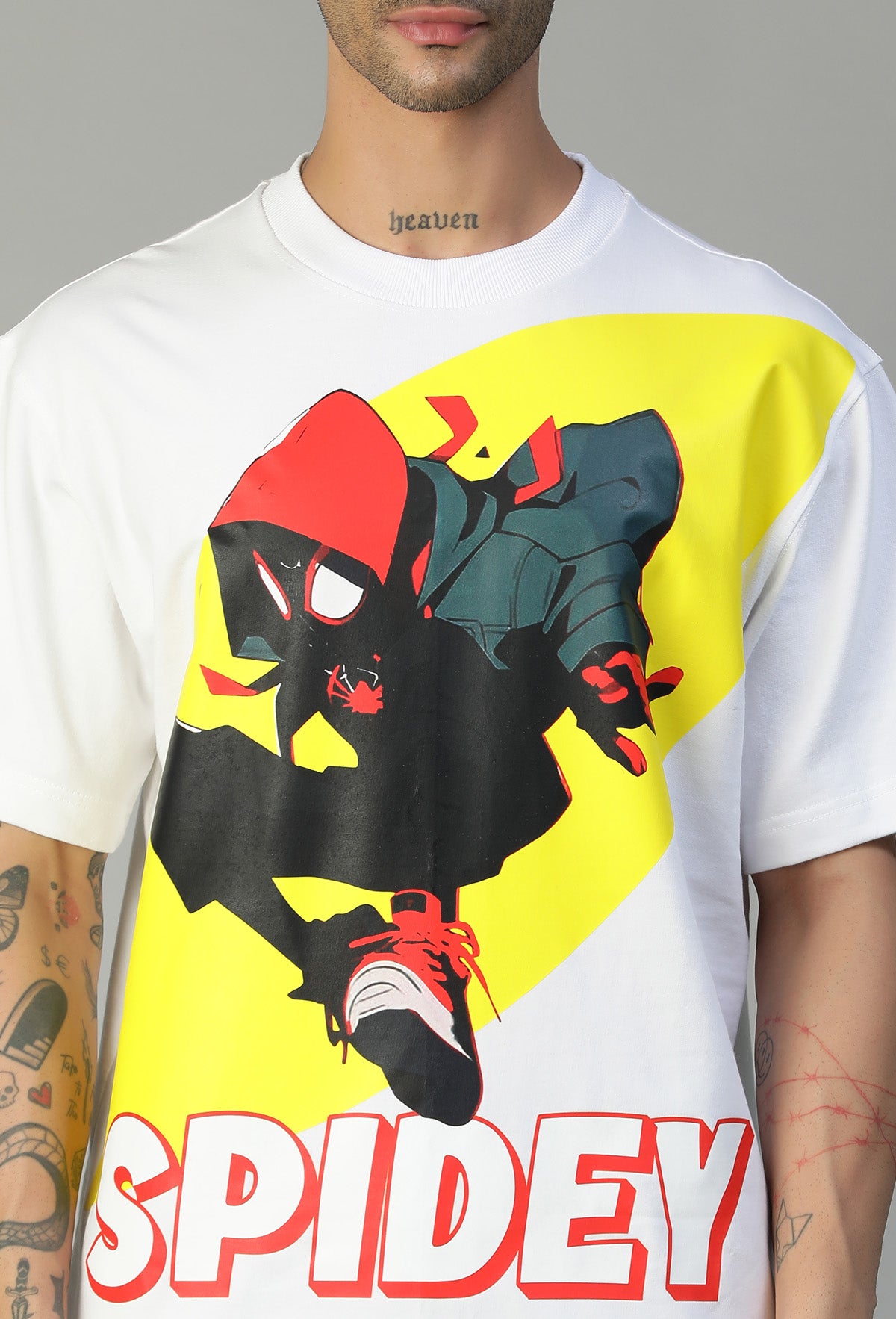 Premium Spiderman Graphic Printed Pure Cotton Drop-Shoulder Sleeves Oversized T-shirt White