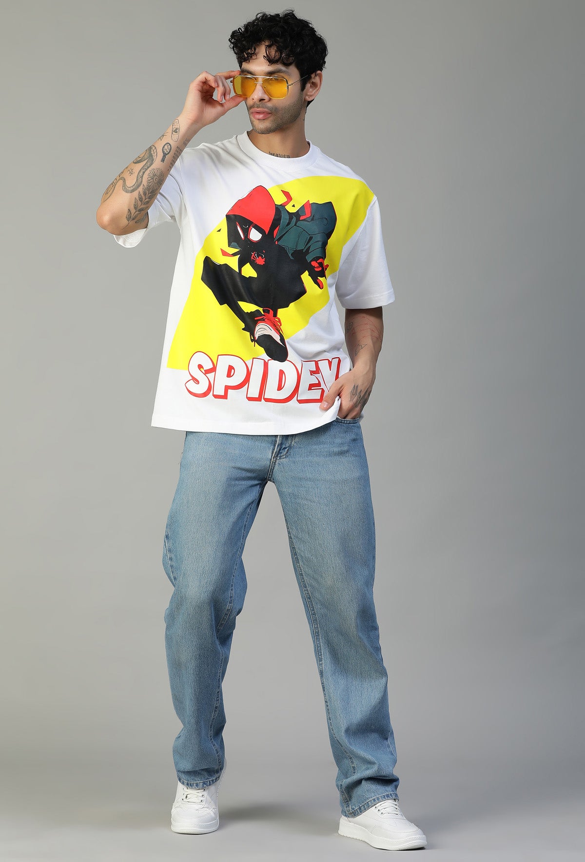 Premium Spiderman Graphic Printed Pure Cotton Drop-Shoulder Sleeves Oversized T-shirt White