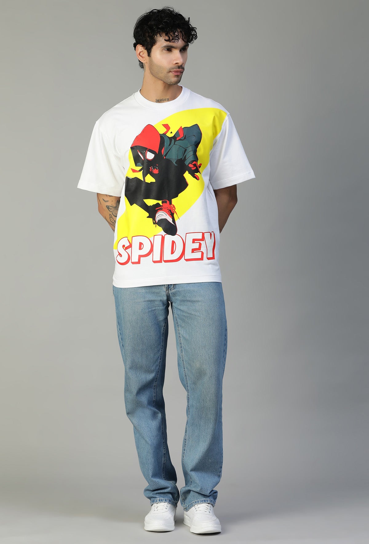 Premium Spiderman Graphic Printed Pure Cotton Drop-Shoulder Sleeves Oversized T-shirt White