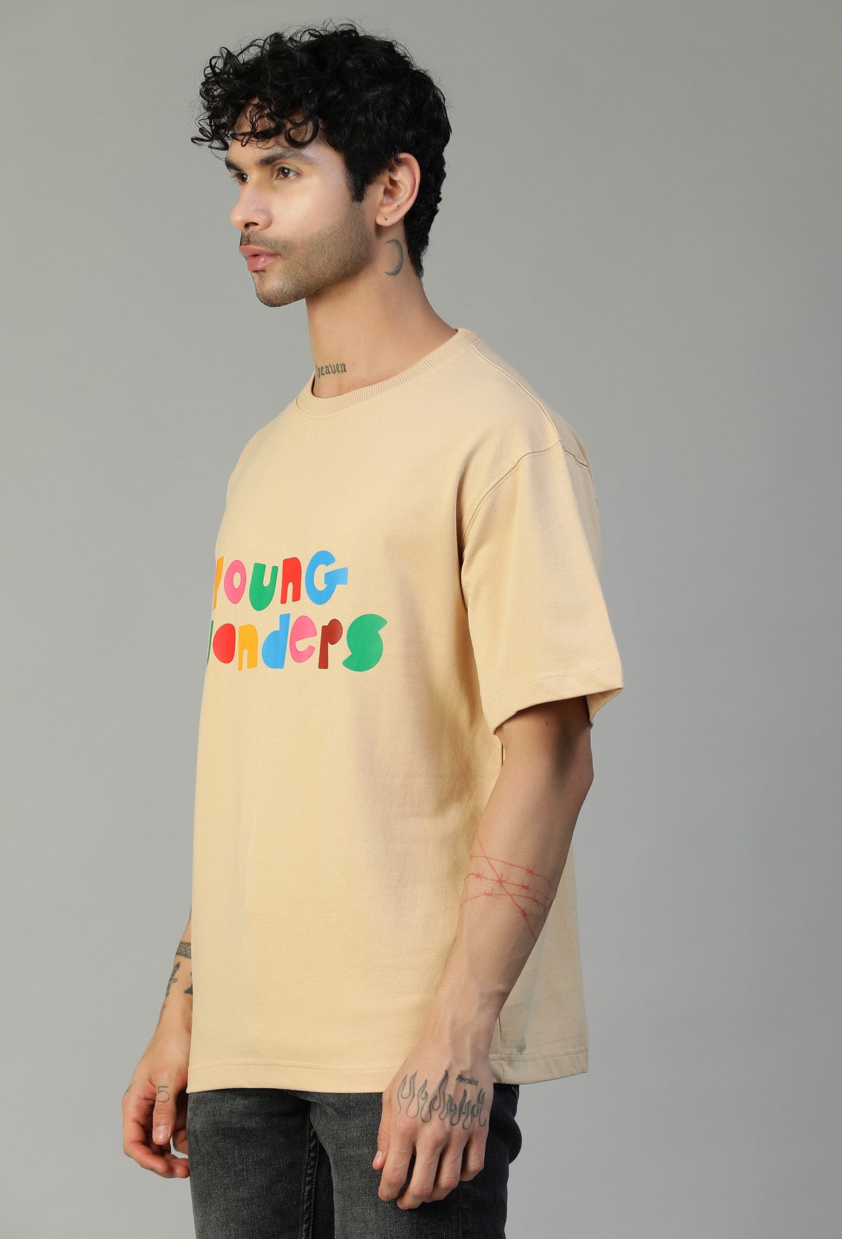 Premium Typography Pure Cotton Oversized T-shirt Beige