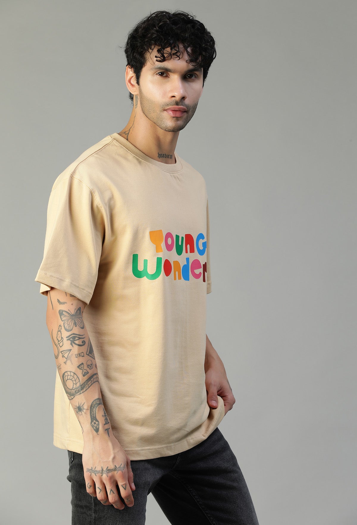 Premium Typography Pure Cotton Oversized T-shirt Beige