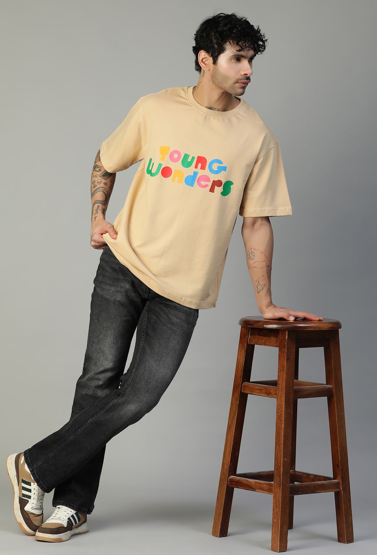 Premium Typography Pure Cotton Oversized T-shirt Beige