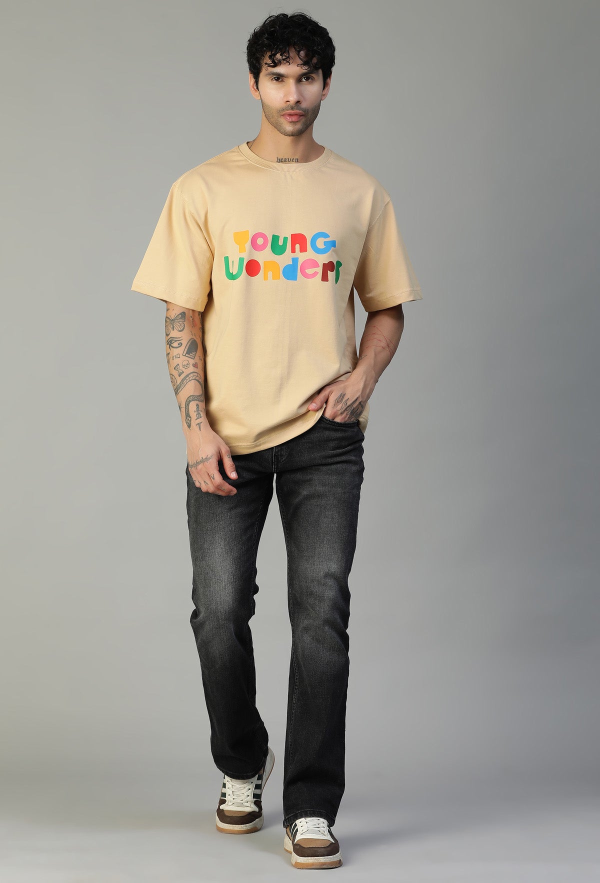 Premium Typography Pure Cotton Oversized T-shirt Beige