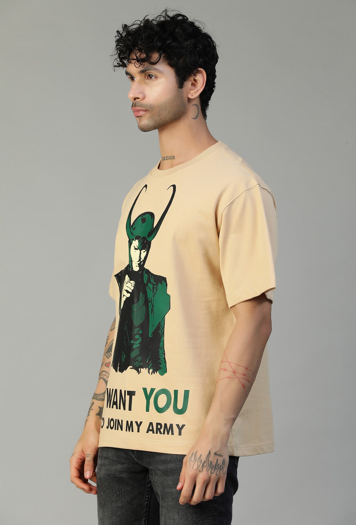 Loki Large Printed Premium Pure Cotton Oversized T-shirt Beige