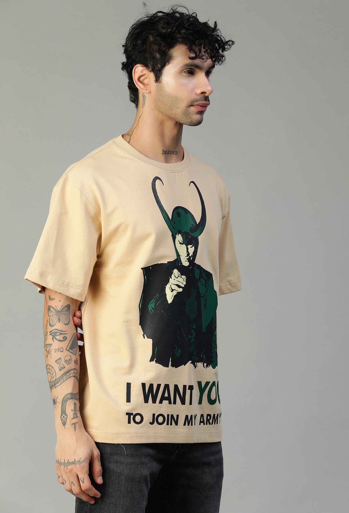 Loki Large Printed Premium Pure Cotton Oversized T-shirt Beige
