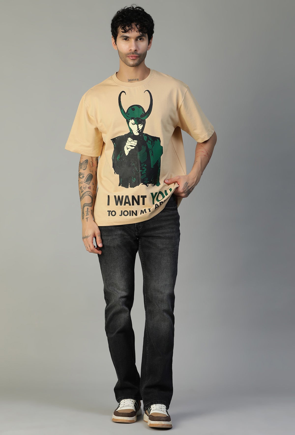 Loki Large Printed Premium Pure Cotton Oversized T-shirt Beige