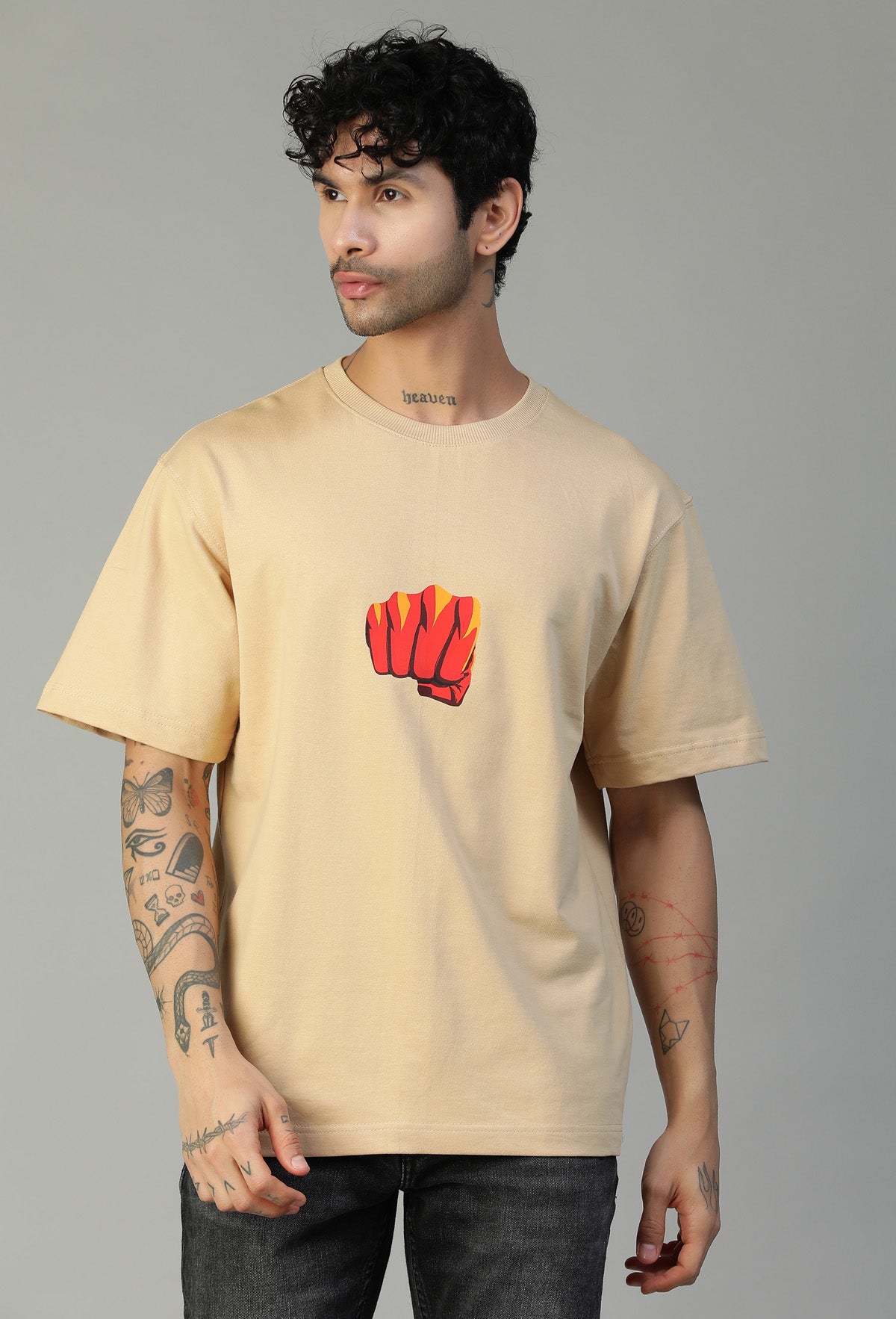One Punch Man Printed Pure Cotton Oversized T-shirt Beige