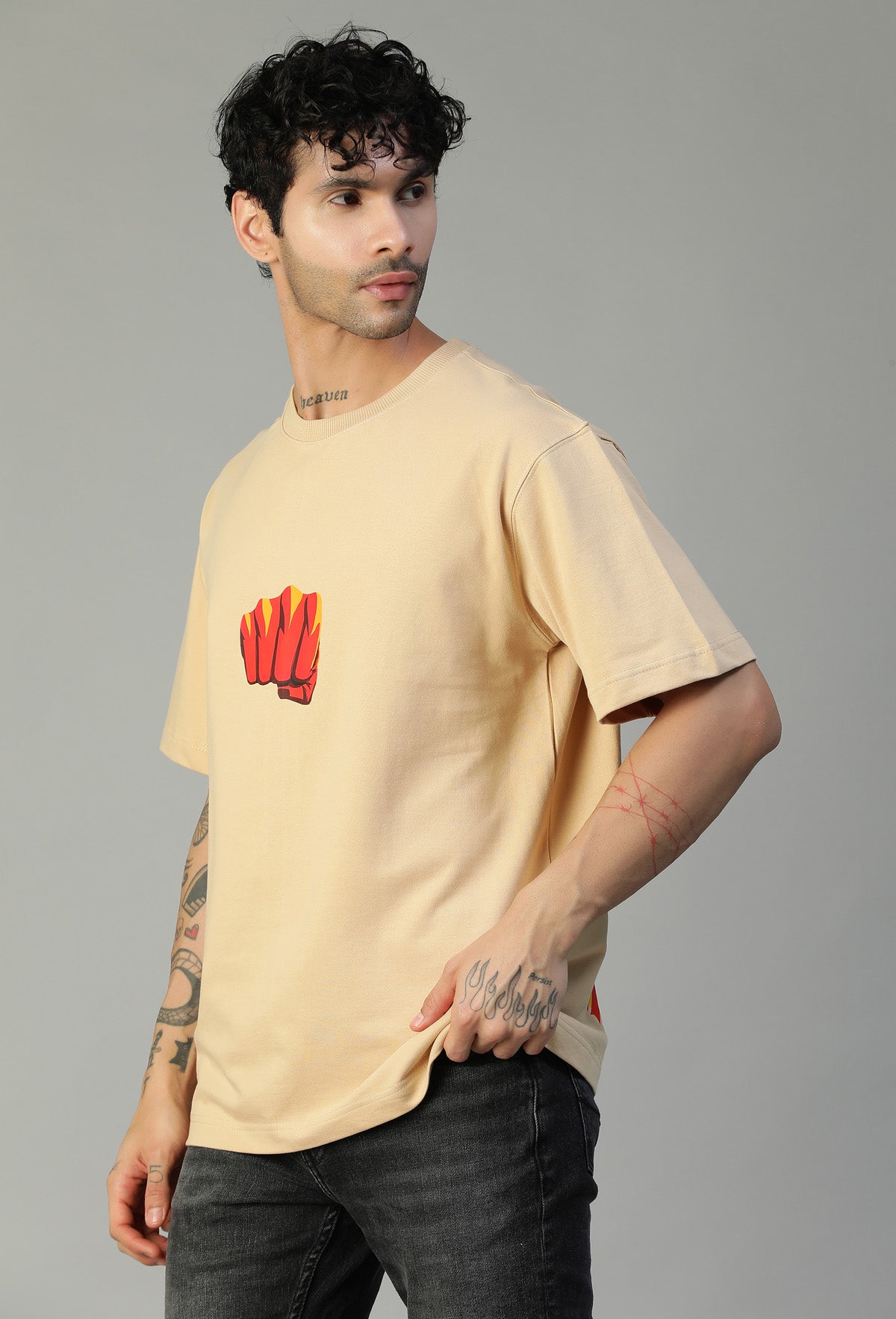 One Punch Man Printed Pure Cotton Oversized T-shirt Beige