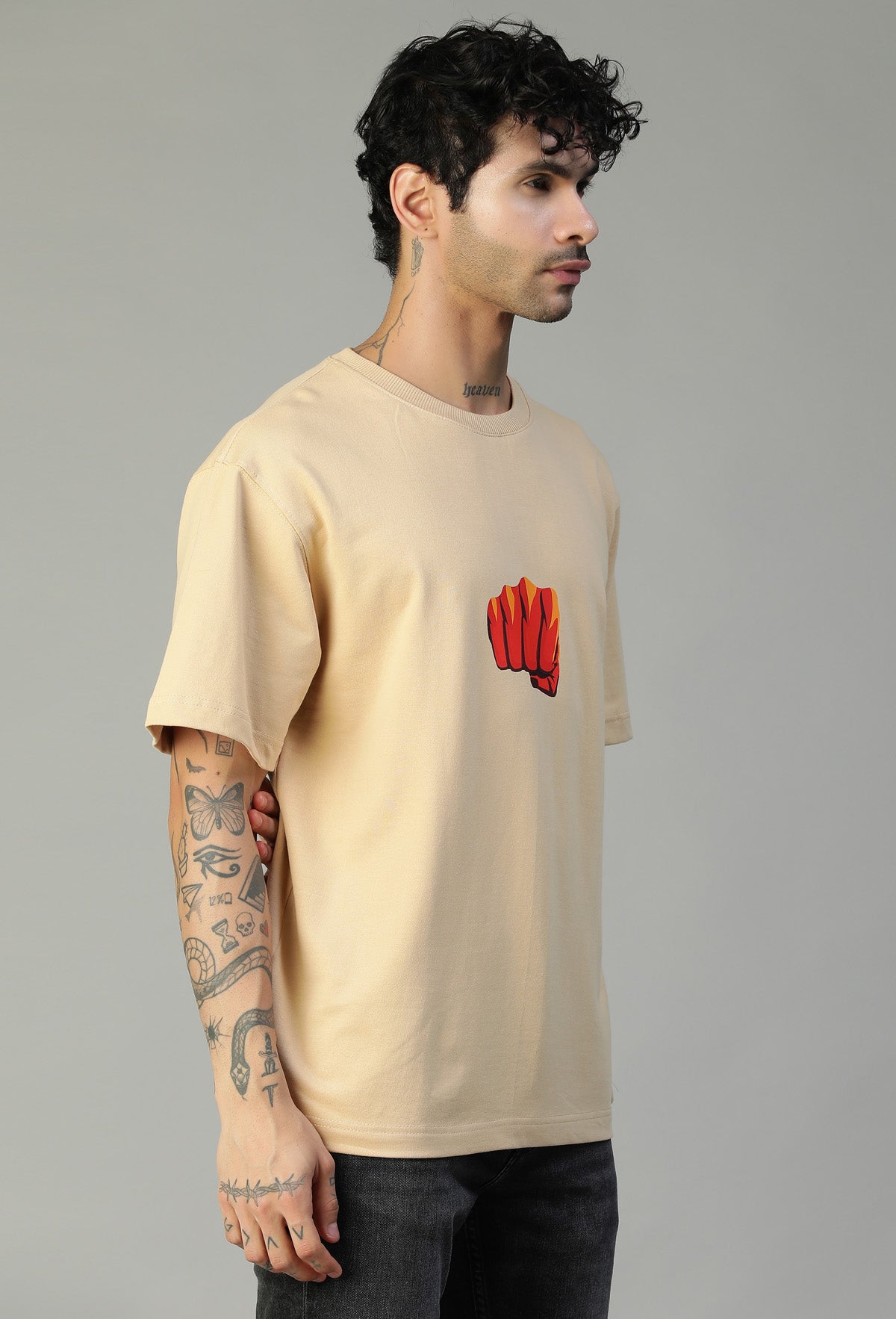One Punch Man Printed Pure Cotton Oversized T-shirt Beige
