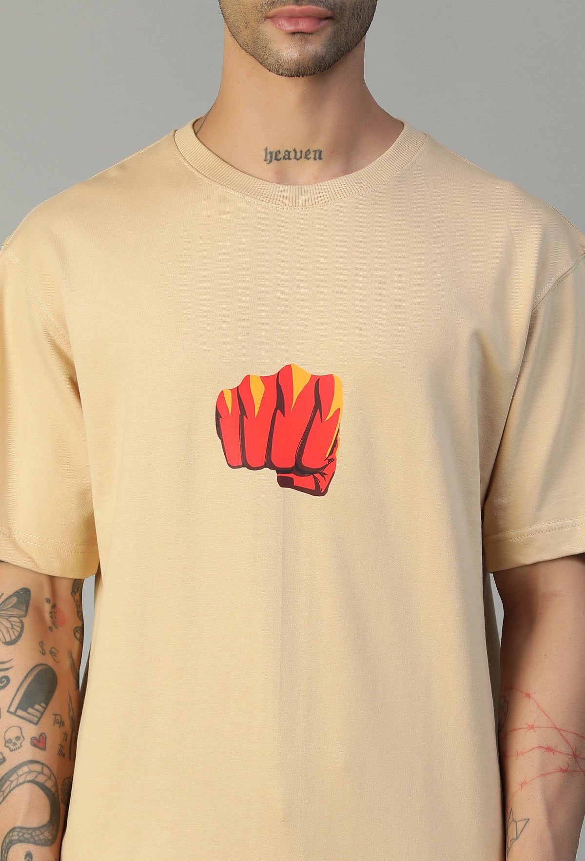 One Punch Man Printed Pure Cotton Oversized T-shirt Beige