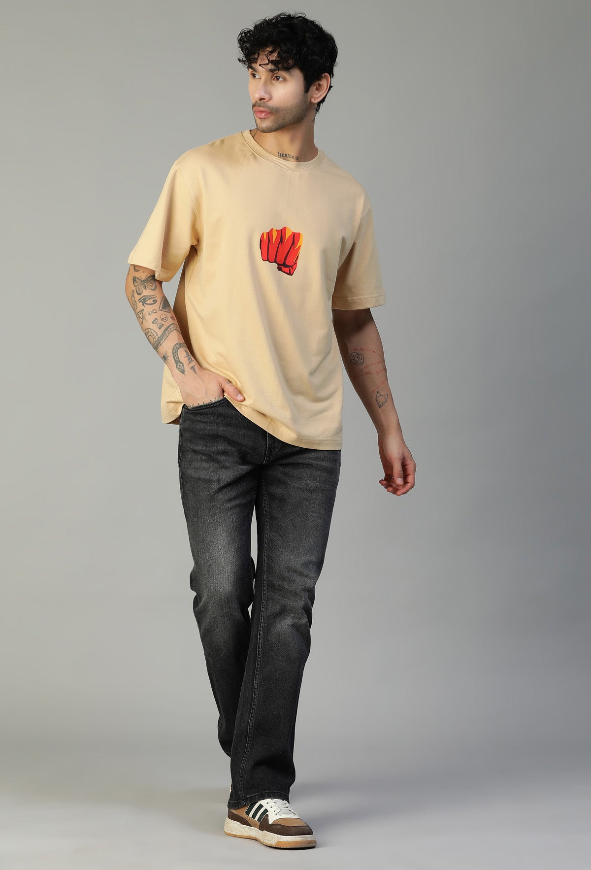 One Punch Man Printed Pure Cotton Oversized T-shirt Beige