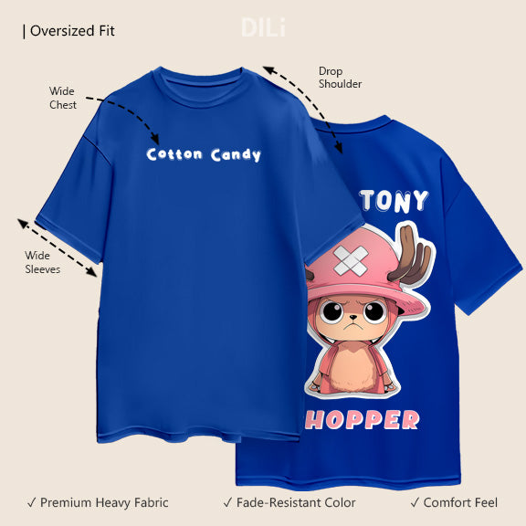 Blue t-shirt with a character design and text on a beige background
