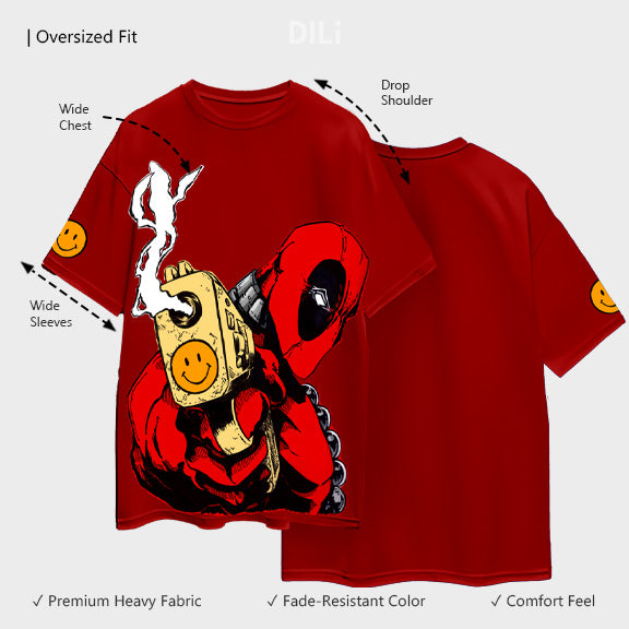 Deadpool Pure Cotton Printed Drop-Shoulder Sleeves Oversized T-shirt Red