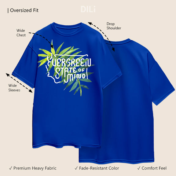 Premium Cotton Evergreen Printed Drop-Shoulder Sleeves Oversized Royal Blue T-shirt