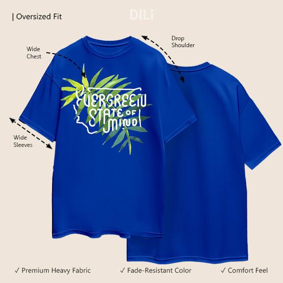 Premium Cotton Evergreen Printed Drop-Shoulder Sleeves Oversized Royal Blue T-shirt