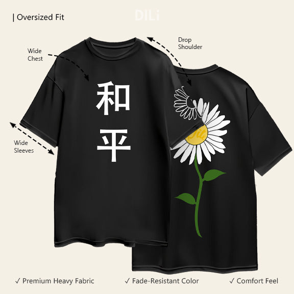 Floral Premium Pure Cotton Drop-Shoulder Sleeves Black Oversized T-shirt