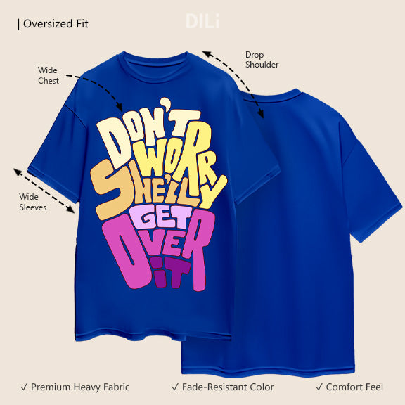 Premium Cotton Text Printed Drop-Shoulder Sleeves Royal Blue Oversized T-shirt