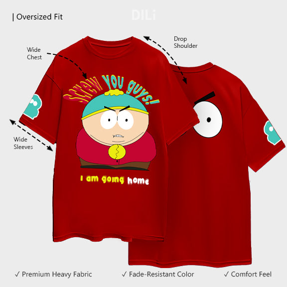 Pure Cotton Eric From South Park Printed Drop-Shoulder Sleeves Oversized Red Color T-shirt