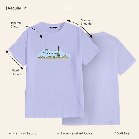 Paris Skyline Printed Regular Fit Printed T-Shirt Lavender