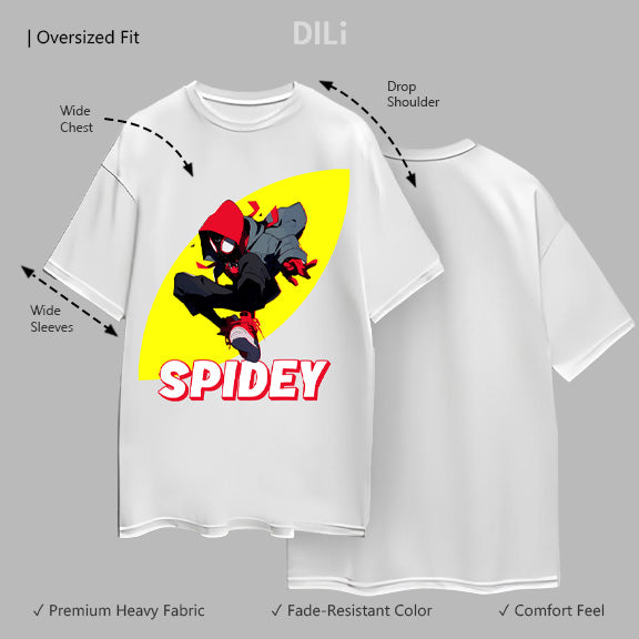 Premium Spiderman Graphic Printed Pure Cotton Drop-Shoulder Sleeves Oversized T-shirt White