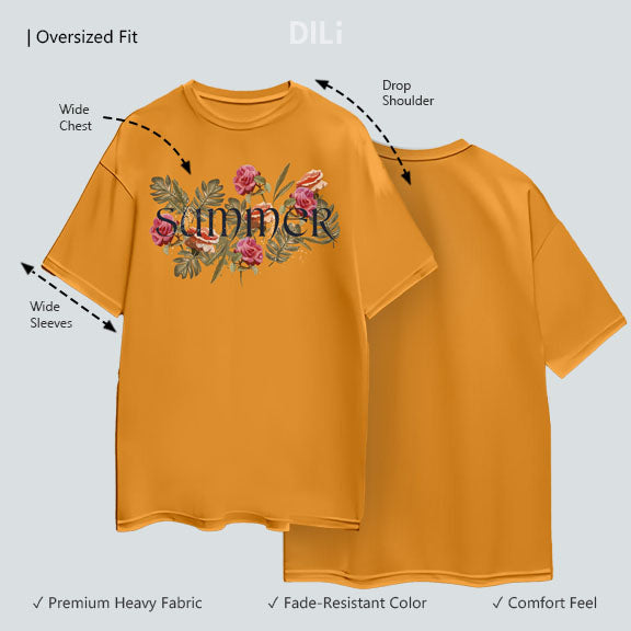 Floral Design Printed Pure Cotton Oversized T-shirt Mustard