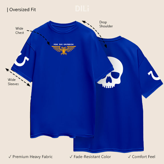 Premium Cotton Warhammer Printed Drop-Shoulder Sleeves Royal Blue Oversized T-shirt
