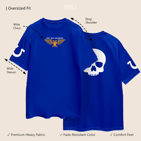 Premium Cotton Warhammer Printed Drop-Shoulder Sleeves Royal Blue Oversized T-shirt