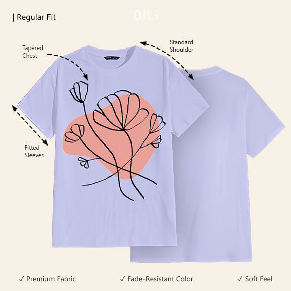 Regular Fit Minimal Floral Design Printed T-Shirt Lavender