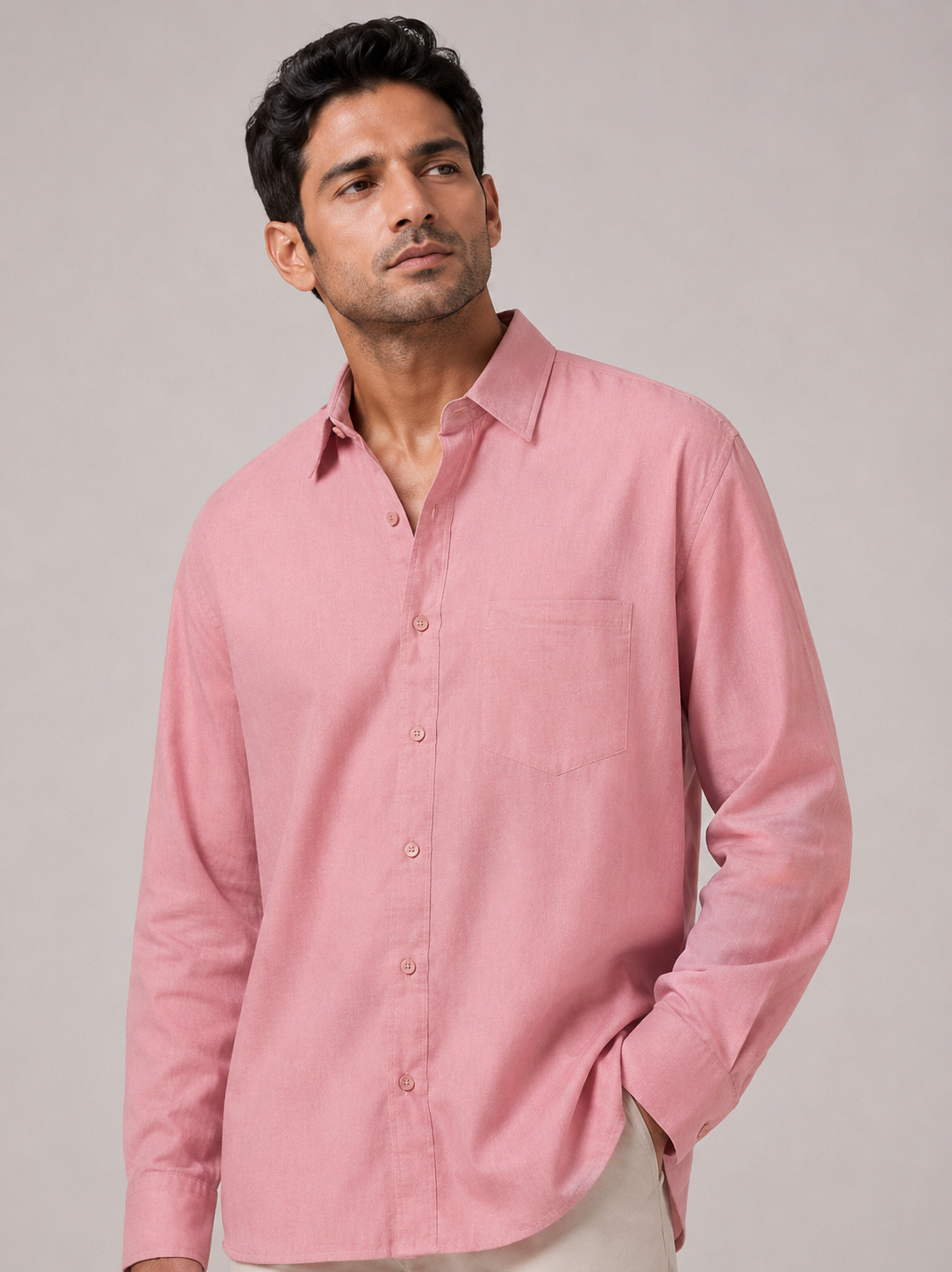 Three-quarter view of men's blush pink relaxed-fit full-sleeve shirt
