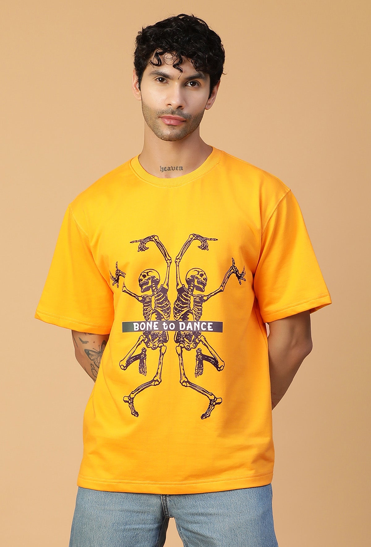 Graphic Printed Bones Pure Cotton Oversized T-shirt mustered.