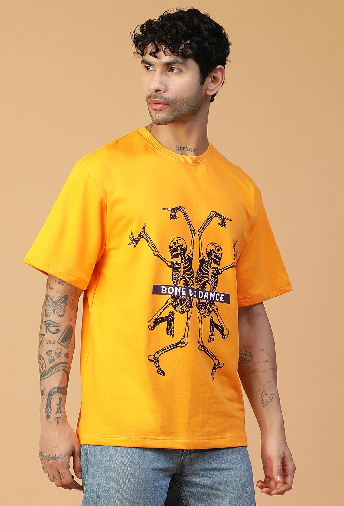 Graphic Printed Bones Pure Cotton Oversized T-shirt mustered.